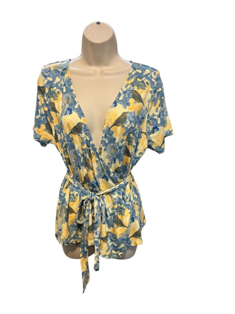 ModCloth Faux Wrap Blue Yellow Floral Bird Print Short Sleeve Top